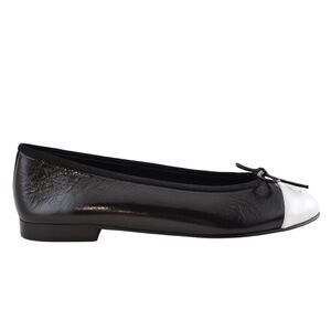 Chanel 26S Black White Crumpled Shiny Lambskin CC Bow Ballet Ballerina Flat 35.5
